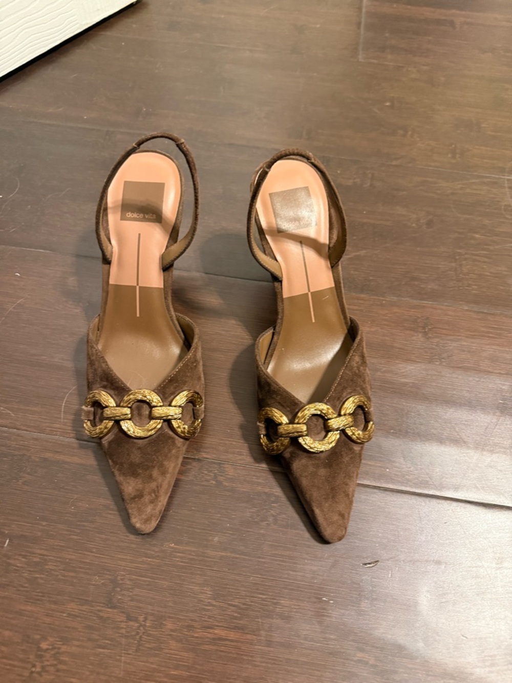 Dolce Vita Brown Suede Pointed-Toe Slingback Mules with Gold Chain Accent